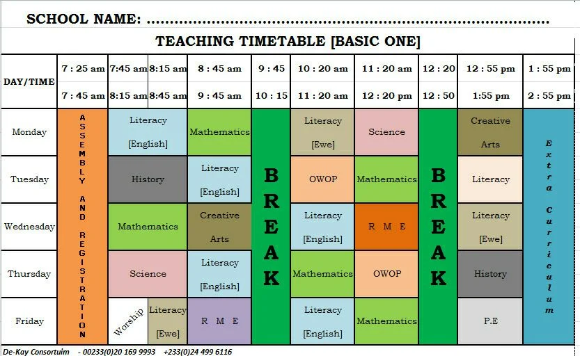 GES New Syllabus Time Table Primary (Basic) 1